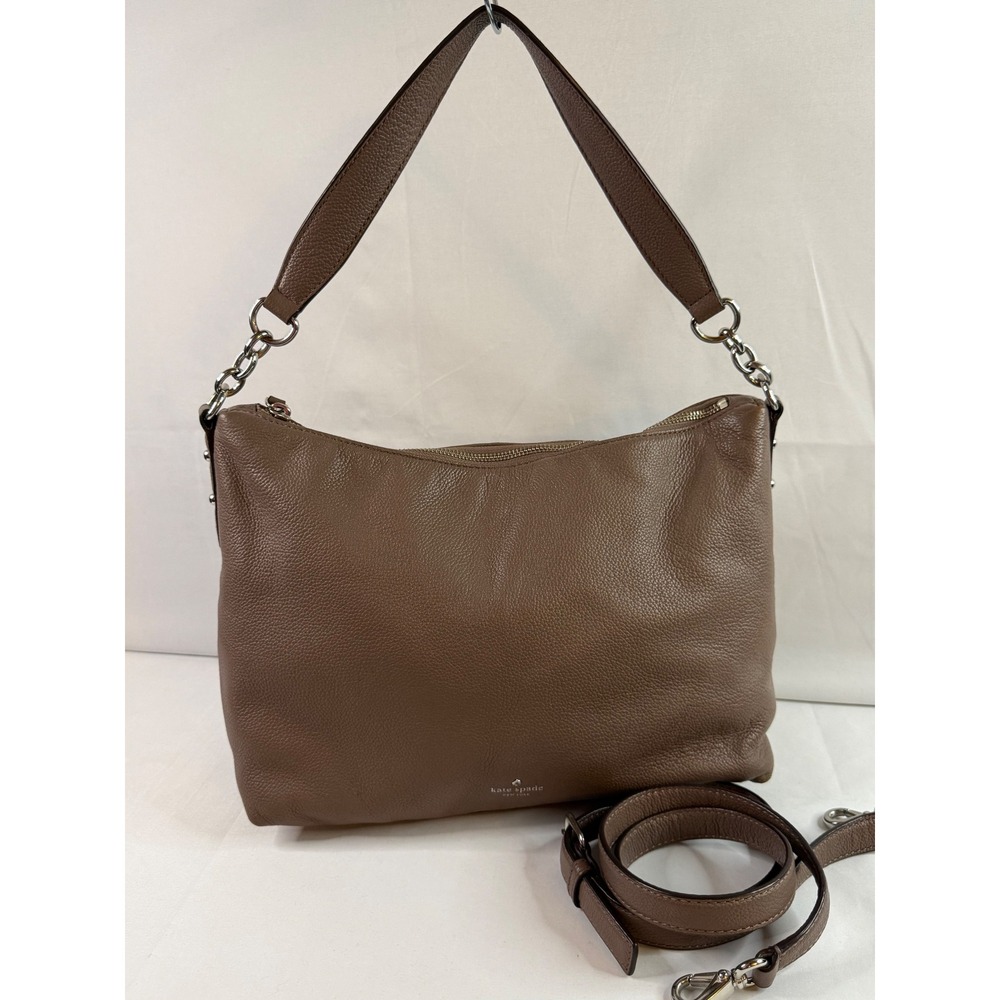 Kate Spade New York Pebbled Leather Hobo Bag Taupe Brown Silver Hardware Large